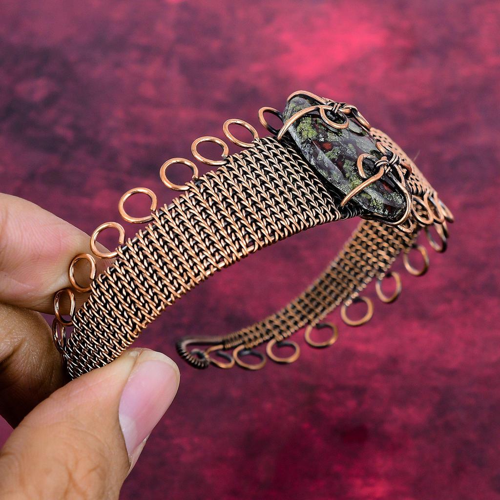 Dragon Bloodstone Gemstone Cuff Bracelet Copper Wire Wrapped Adjustable Bangle