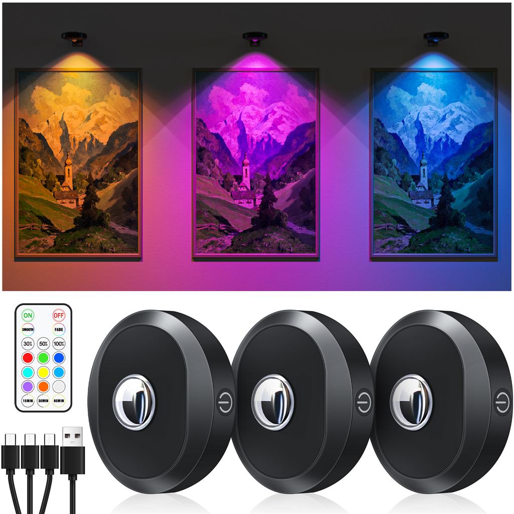 WILLED Night Light 3pcs with Remote 1200mAh Rechargeable Puck light with Timer Stick on Picture Lights for Wall Closet Cabinet