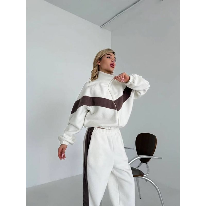 Western Style Fashion Casual Loose Zip-up Top Pants Two-Piece Set Zipper Top and Pants Set