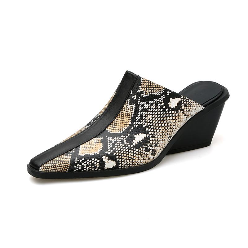 2024 New Genuine Leather Shoes Women Slippers Wedges High Heels Pointed Toe Mules Ladies Office Dress Shoes Slides Women
