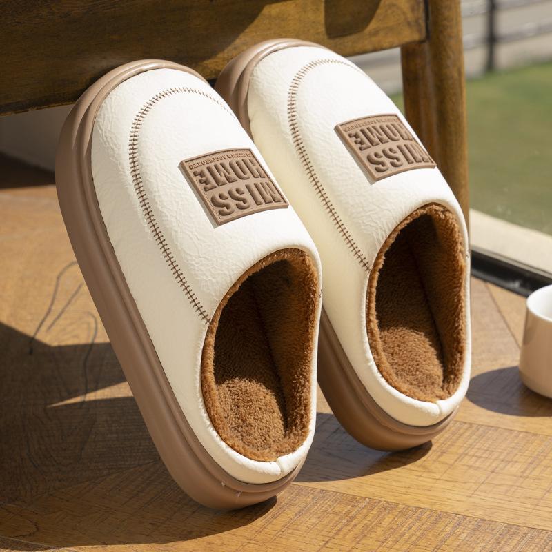 New Mid-to-high-end PU Leather Slippers Winter Couple Home Thick Bottom Heightening Velvet Warm Non-slip Cotton Slippers