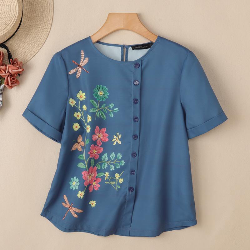 

ZANZEA Women Casual Floral Print Round Neck Short Sleeve Blouse 5XL тёмно-синий