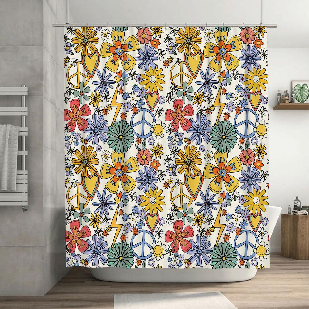 Psychedelic Shower Curtain Bohemian Floral Peace Sign Design Durable Polyester Fabric For Bathroom Decorations (Multicolor)