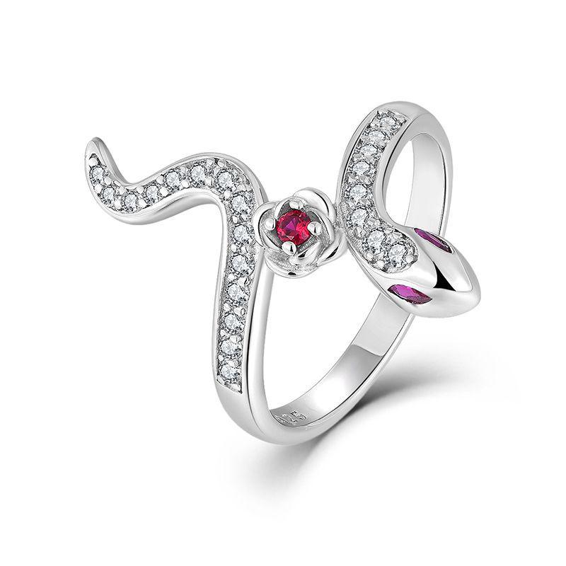 S925 Sterling Silver Women s Snake & Rose Ring with Red Corundum Zircon US Size 8