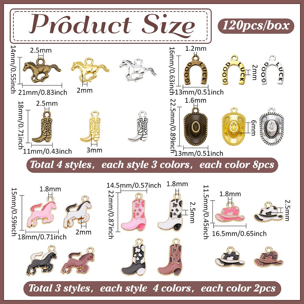 120Pcs 24 Styles West Cowboy Theme Alloy Enamel Pendants Sets Mixed Shapes Mixed Color 11.5~22x11~21x2~6mm Hole: 1.2~2.5mm