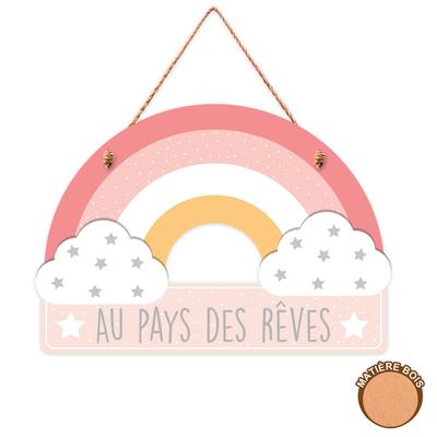 [A0708] - Wooden Plaque 'In the Land of Dreams' Clouds - Rainbow - 19. 5x13. 5 Cm