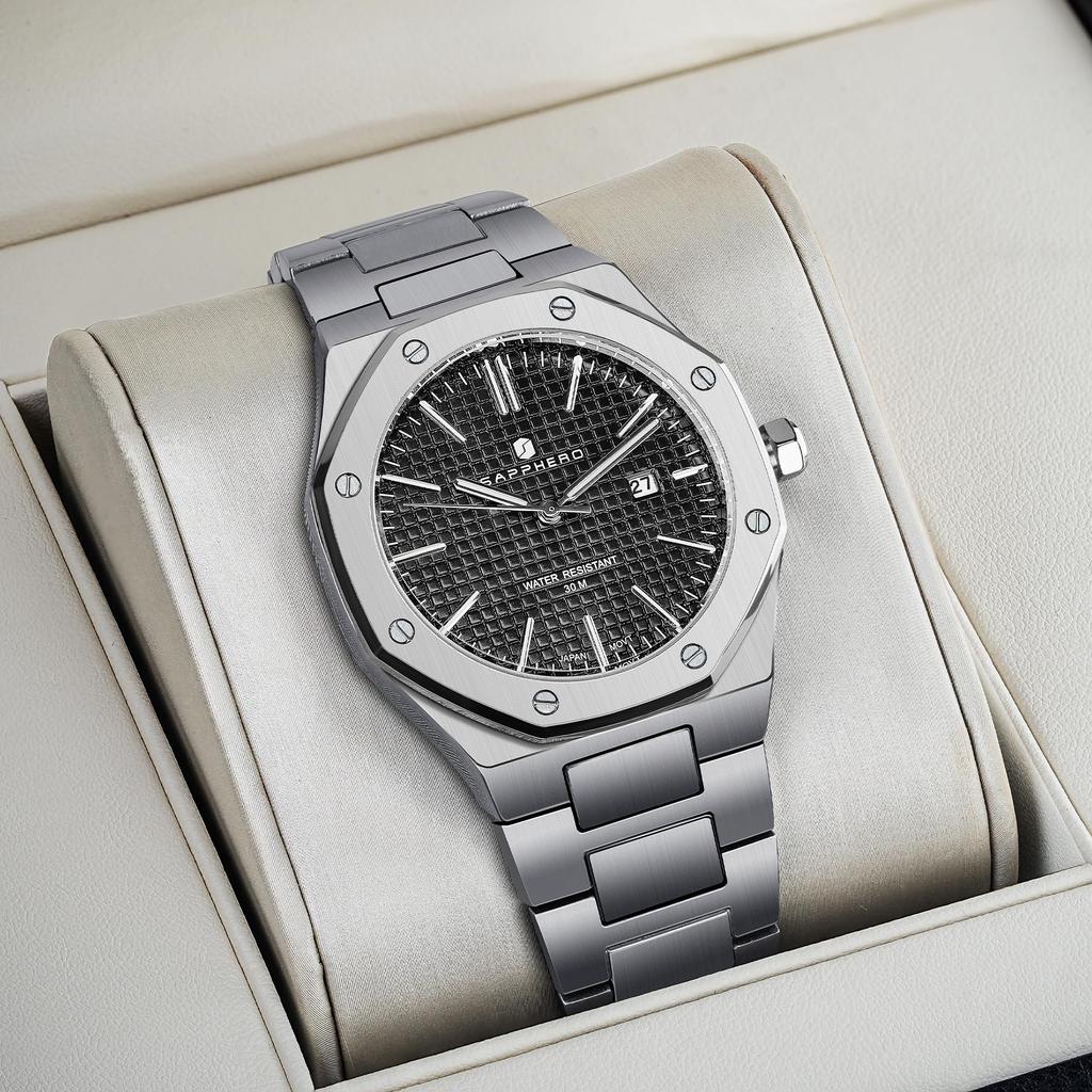 SAPPHERO Watches Octagonal Stainless Steel Waterproof Luminous Wristwatch Luxury Analog Quartz Watch Date Dress Business Watch Casual Luxury Design