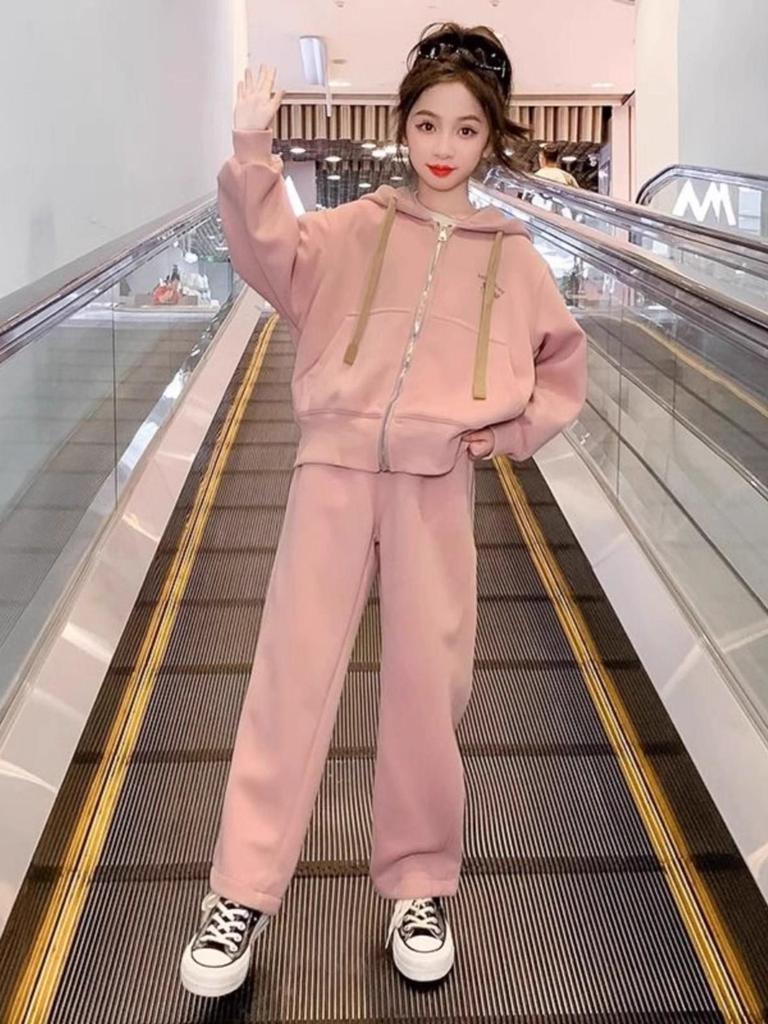 Girls' Autumn Sporty Set: Hooded Sweatshirt & Wide-Leg Pants Two-Piece