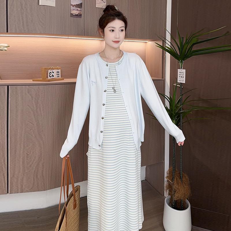 2026 French Style Maternity Set: Embroidered Cardigan & Striped Vest Dress for Spring XL