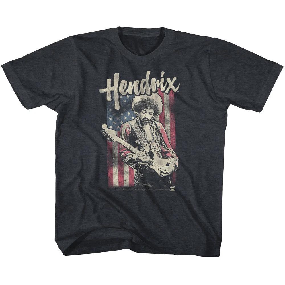Jimi Hendrix In Front Of American Flag Playing Guitar Youth T Shirt Rock Music S