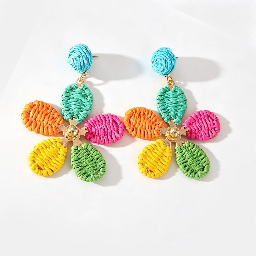 Dopamine Flower Woven Earrings: Summer Beach Raffia Studs for Women