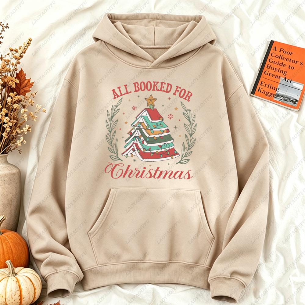 All Booked for Christmas Book Tree Hoodies Women Retro Bookworm Graphic Sweatshirt Aesthetic Winter Oversized Streetwear