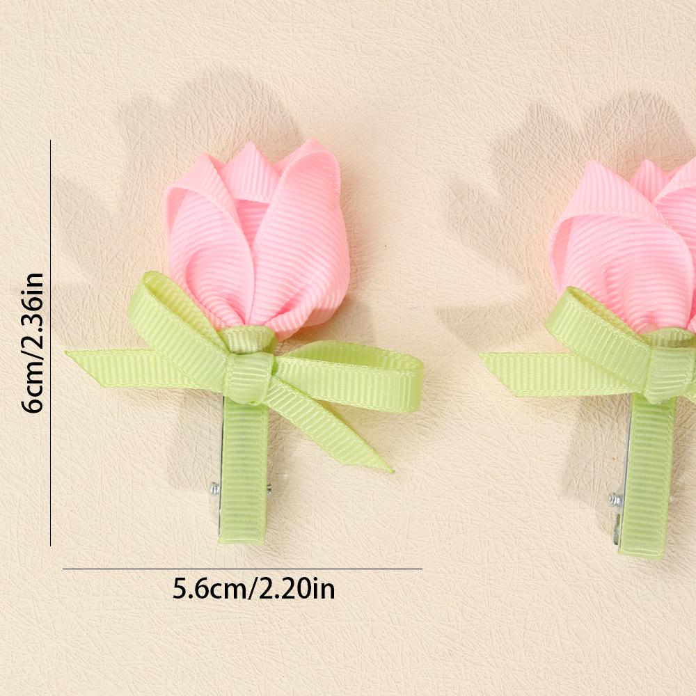 2Pcs Tulip Floral Hair Clips 3D Flower Ribbon Bow Hairpin Korean Style Spring Sweet Baby Girl Children Hair Accessories Headwear
