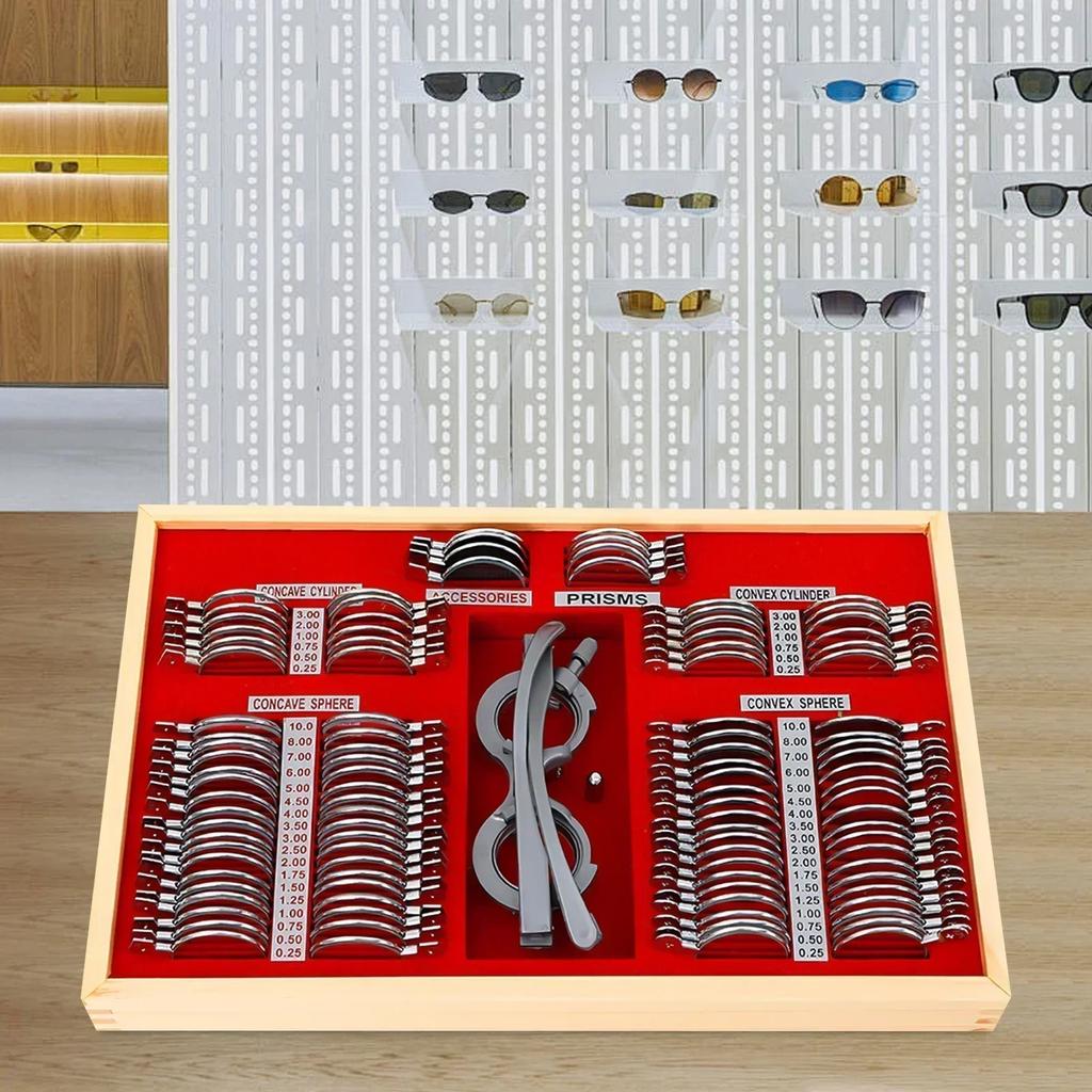 Optiskt provexemplarsset med 104 delar, Optiska linser med hög precision, Optometrikit med glasögonbåge, Provexemplarsset med metallbågar och hög precision