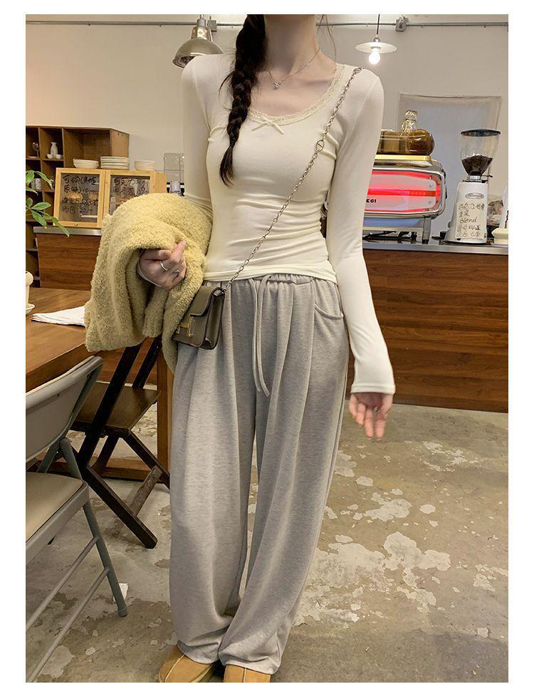 French Chic Lace Long Sleeve T-Shirt: Sweet, Cool, Spicy Collarbone Style, and Waist-Showing Korean Women's Autumn/Winter Top