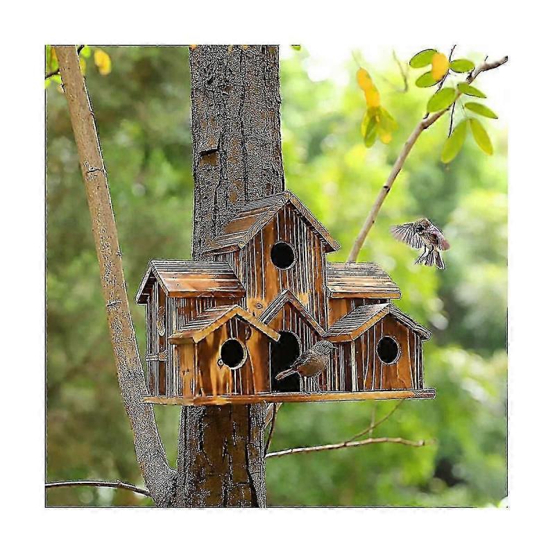 Bird House, Bird House For Outside, Wooden Bird Houses For Outside Hanging, 6 Hole Handmade Natural