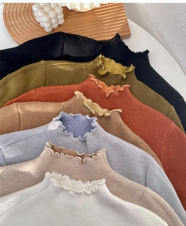 Women's Fleece-Lined Slim-Fit Pullover Sweater: Half-High Collar, Autumn/Winter Base Layer, Hot Item