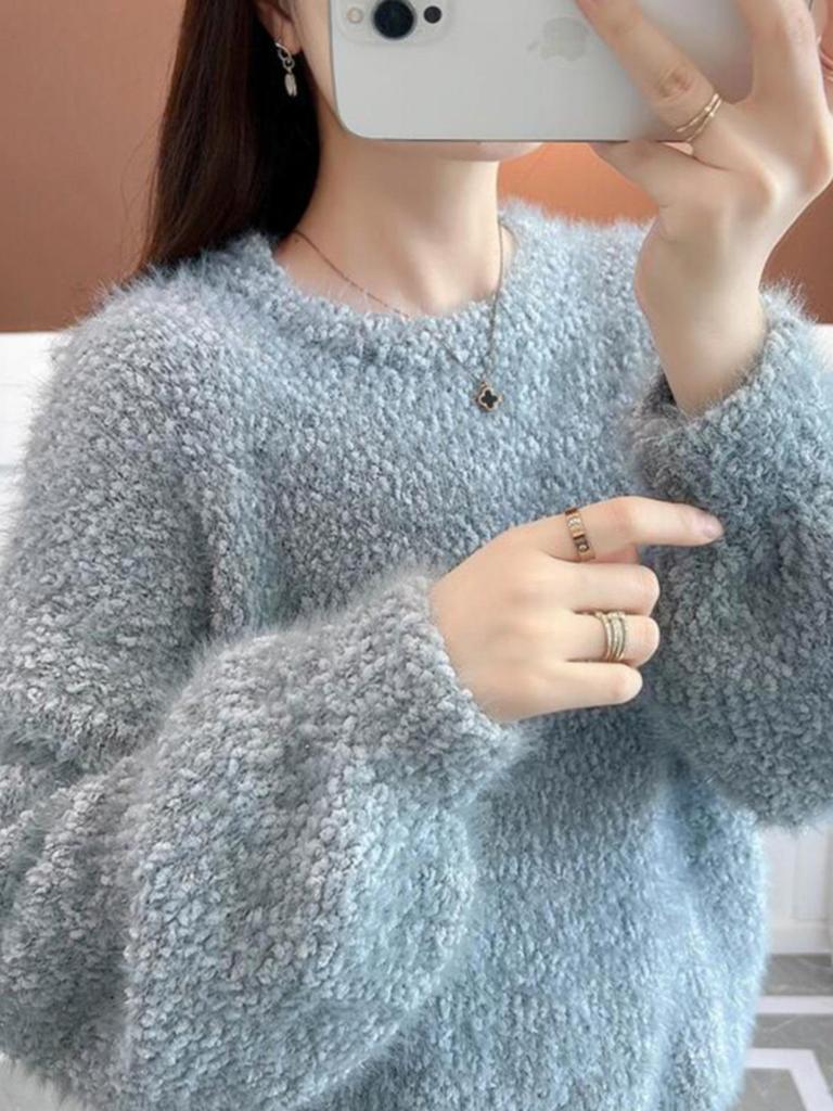 Women's 2025 Faux Mink Velvet Knit Sweater - Cozy Autumn/Winter Round Neck Pullover