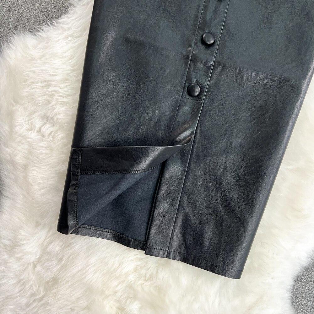 Herbst und Winter Retro Temperament Hohe Taille Schlank Paket Hüfte Einreihig Langer Abschnitt Offen Gewaschenes Leder Halbkörperrock