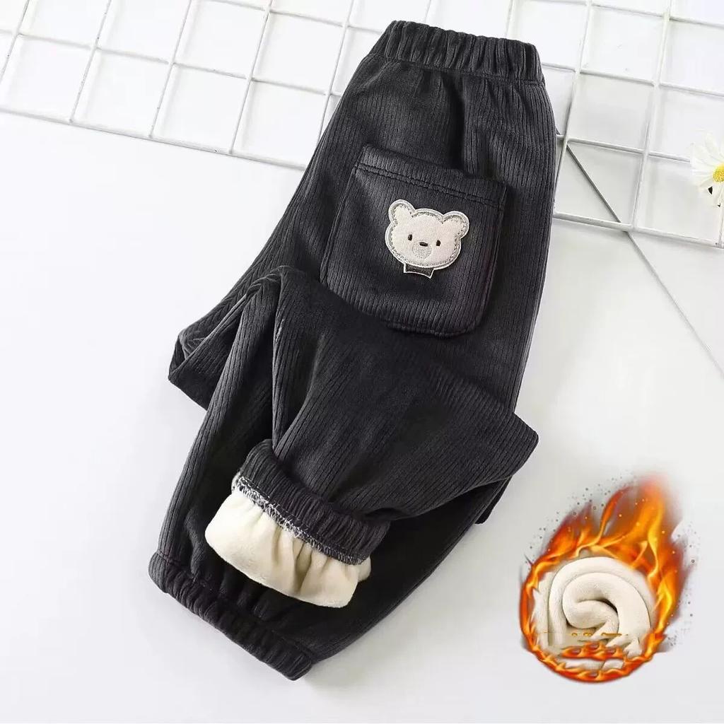 Autumn Winter Children's Fleece-lined Corduroy Pants Stylish Embroidery Casual Warm Trousers for Boys Girls