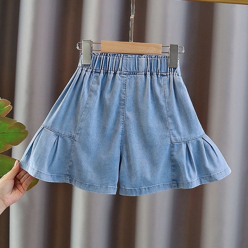 Girls' Summer New Denim Shorts Girls' Casual Pleated Skirt Pants Medium and Large Children's Outerwear Pants Skirt