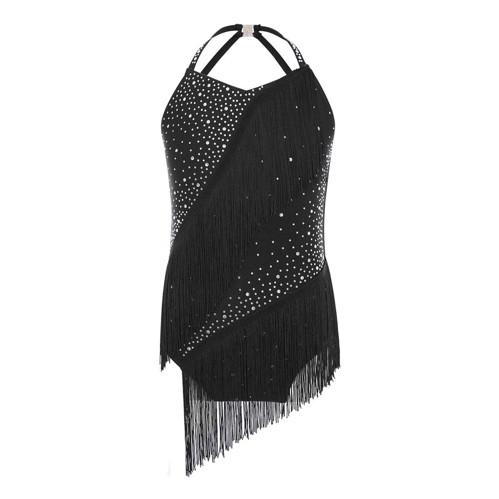 Mädchen Latin Dance Kostüm Ärmellos Neckholder V-Ausschnitt Rückenfrei Glänzend Strasssteine Quasten Leotard