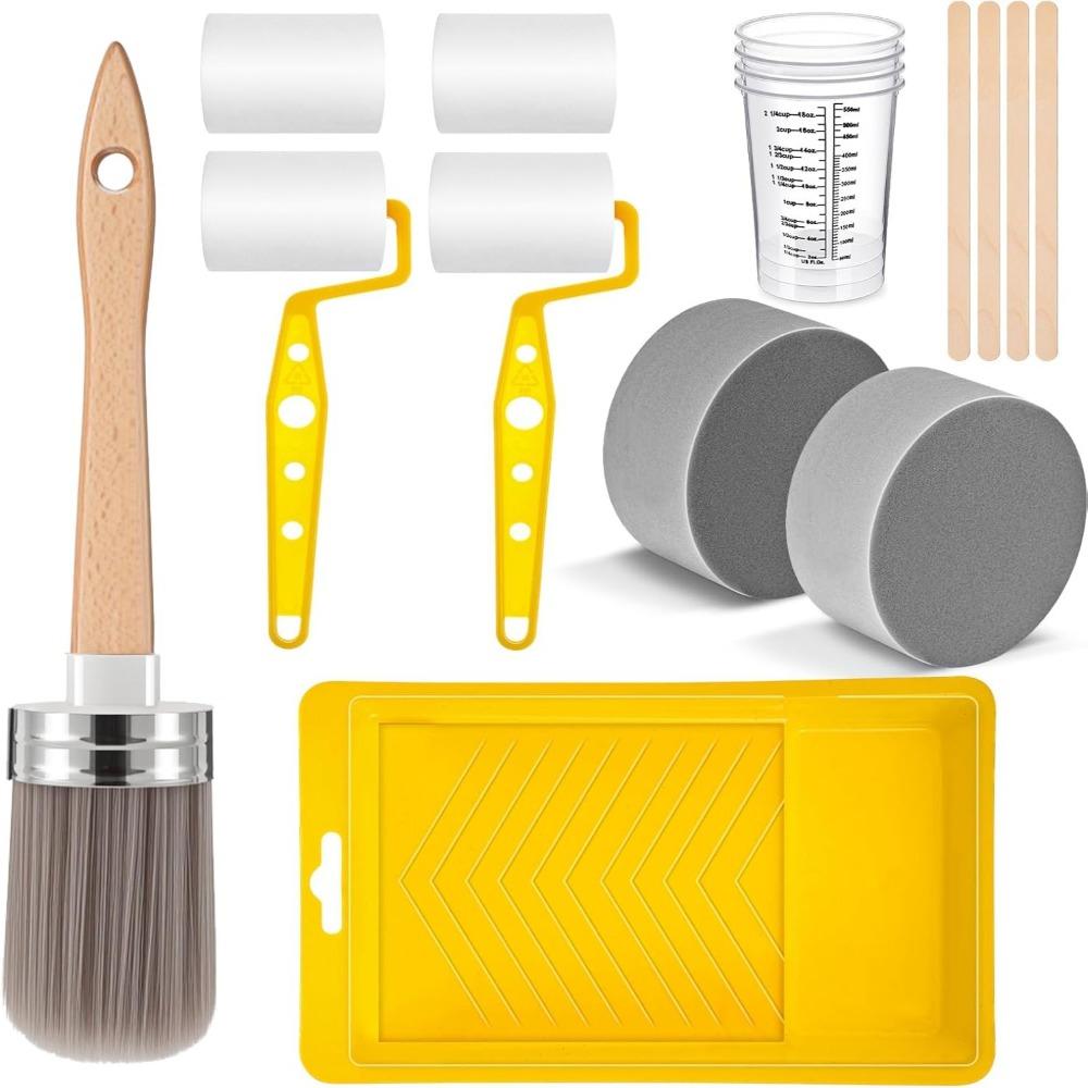 

18pcs All-in-one Paint Brush Set Nitrile Gloves Mixing Sticks Roller Set Polish Sponge Block Mixing Cups Cabinet Painting Set