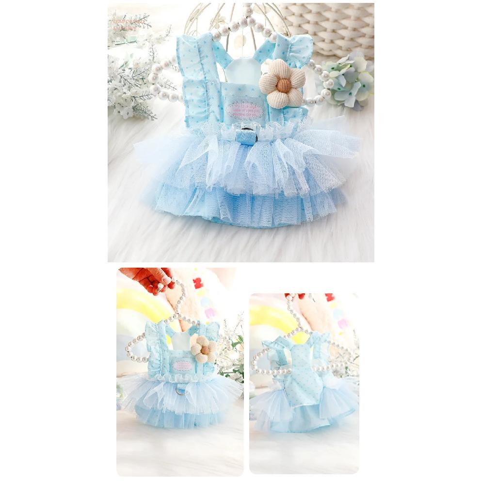 Cute Fashion Spring Summer Thin Dog Clothes Cat Princess Dress Fresh Blue Fluffy Skirt Pet Outfit for Small Dogs Bichon