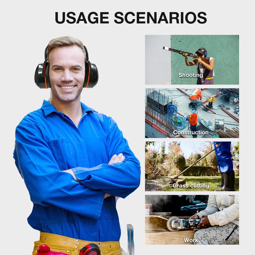 LYSIAN Foldable Noise Reduction Hearing Protection and Safety Earmuffs for and Loud Security Orange Black Earmuffs, Filming, Workshops, Events,