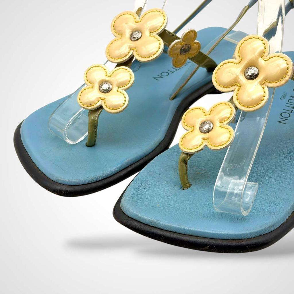 Used LOUIS VUITTON Strap Sandals Flower Leather Blue