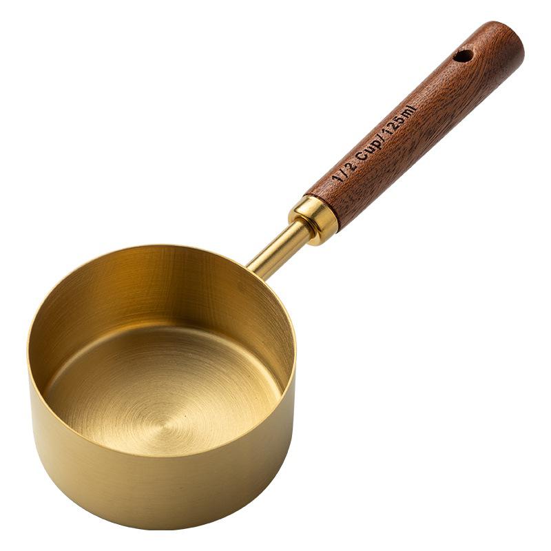 8-Piece Stainless Steel Measuring Cup & Spoon Set with Wooden Handle for Coffee & Grams