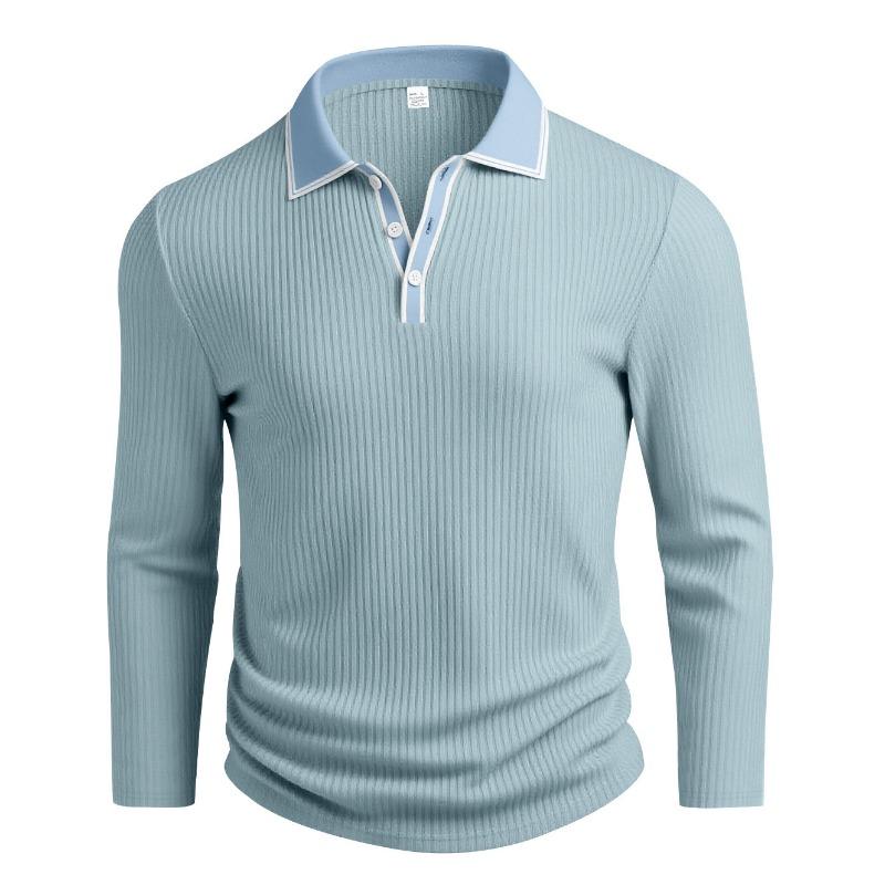 Mens Long Sleeve Striped Polo Shirt Loose Breathable Business Casual