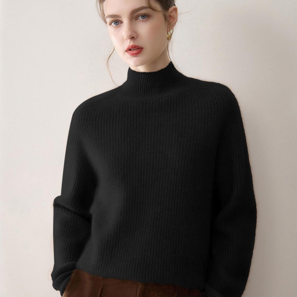 Women's Cashmere Knit Top, Half-High Neck, Loose Fit, Slimming, Thick Sweater for Autumn/Winter