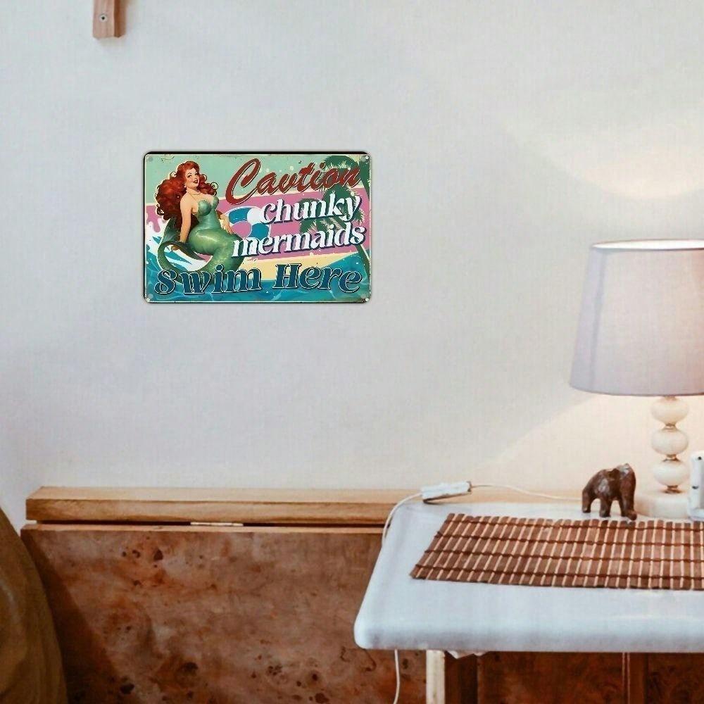 Funny Pool Warning Tin Sign Vintage Mermaid Bathroom Bar Decor