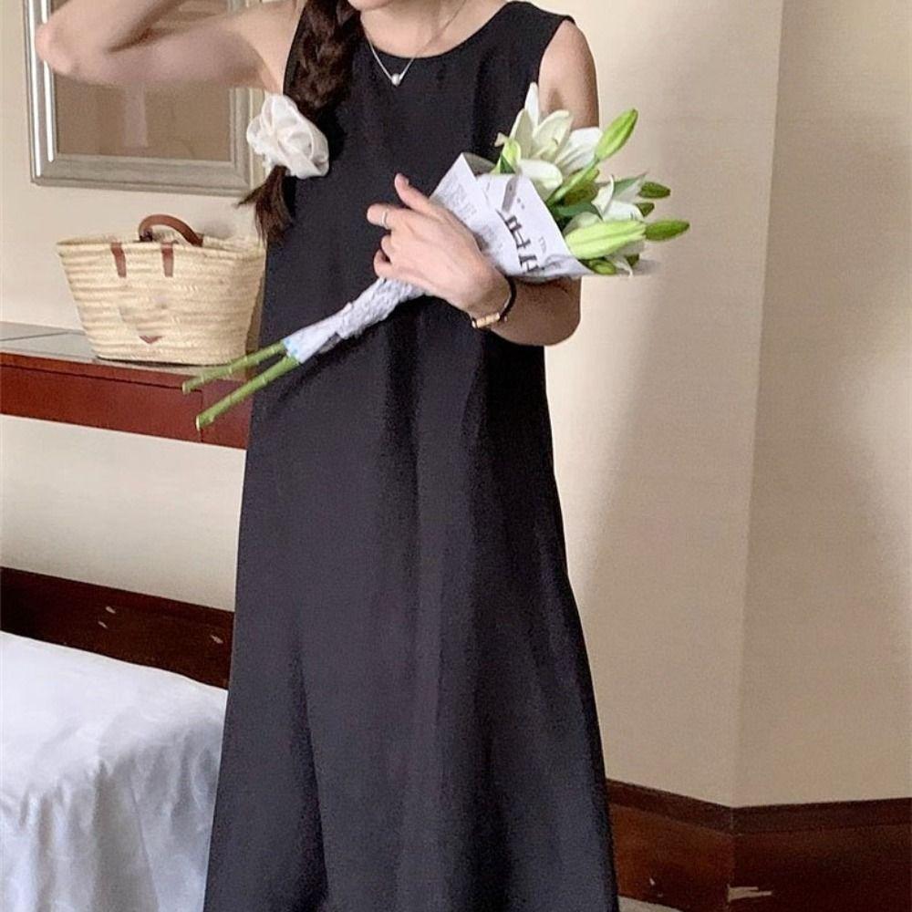 Solid Summer Sleeveless Dress Round Neck Open Back Long Dress Fashion Vocation Vest Dresses Teens