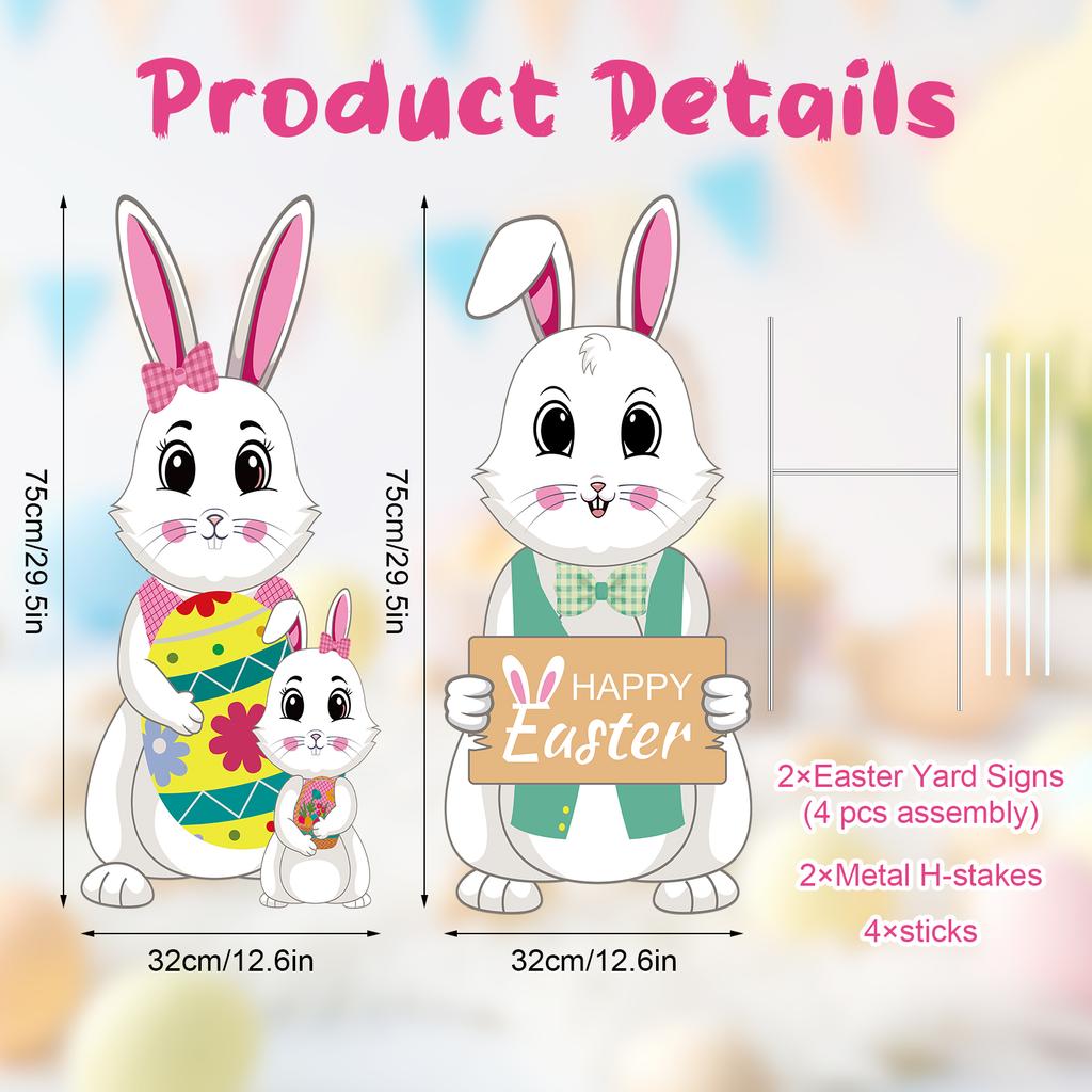 2 Pcs 32In Large Easter Decorations Outdoor Bunny Family Yard Signs Waterproof Lawn Decor With Metal Stakes Happy Easter Sign Fo