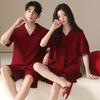 Red Antibacterial Cotton Wedding Pajama Set for Couples - Short Sleeve Cardigan & Shorts