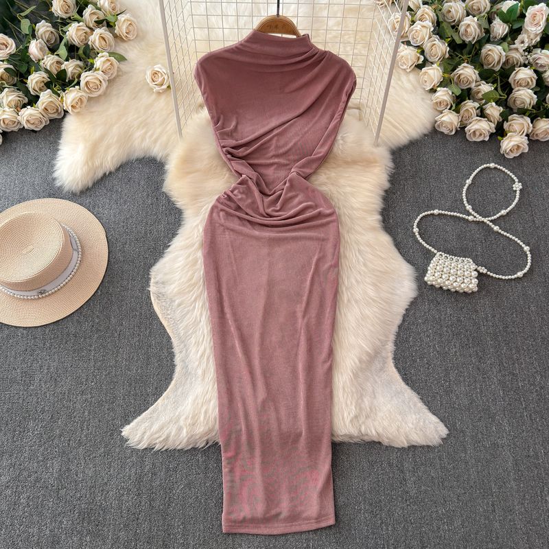 

like Woman Dress Goddess Temperament Elegant with Small Highlights Pleated Waist Tight Slim Looking Half Turtleneck Bodycon Dress Fashion Long Dress Pink One size