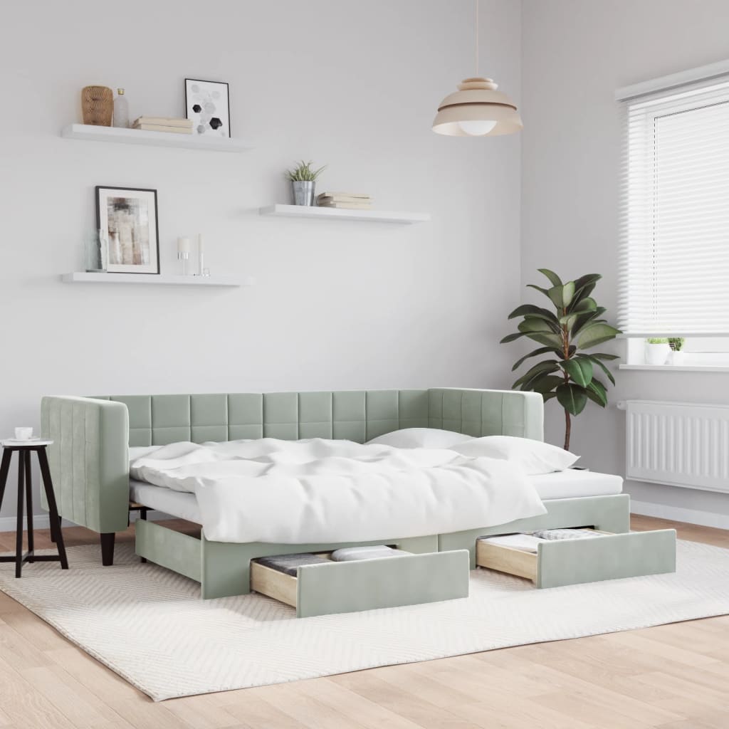 2 In 1 Pull Out Daybed with Drawers Light Grey 80x200 Cm Velvet