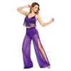 S-XXL Women Lyrical Dance Crop Top V Neck Sleeveless Back Crossing Fringe with Mesh Wide Leg Pants Built-in Briefs for Modern Dance Performance