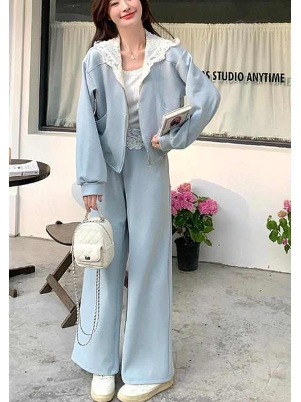 2026 Winter Korean Fashion: Women's Lace Splicing Hooded Sweatshirt & Casual Pants Set