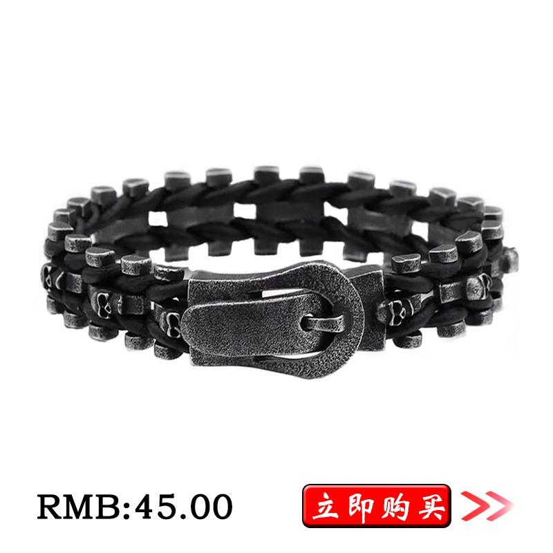 Stainless Steel Dragon Head Double Clasp Bracelet Men Hip Hop Style Braided Leather Band