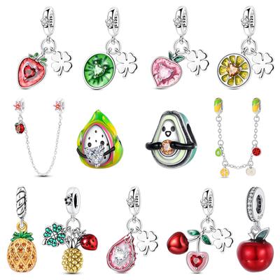 Popular Copper Pitaya Beads & Strawberry Four-Leaf Clover Dangle Charm Fits Bracelet & Fruit Party Pendant Gifts