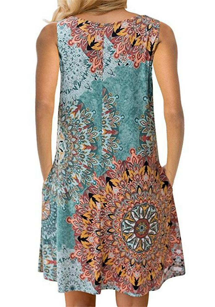 2020 Sleeveless European-American Floral Pocket Beach Dress