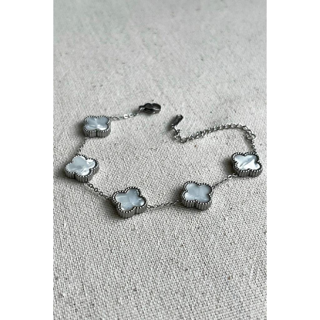 Silver Color Black Mother-of-pearl Clover Steel Bracelet