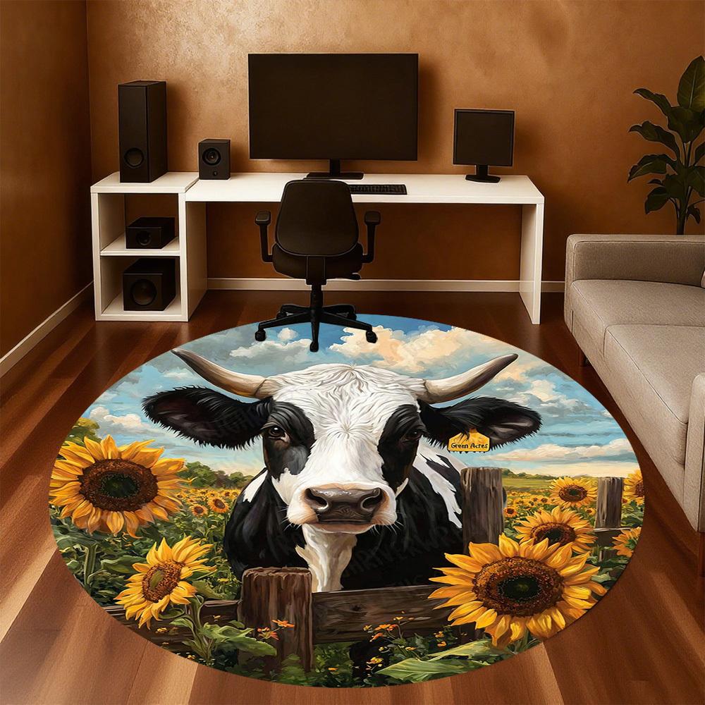 1PC Cow Sunflowers Office Round Area Rug, Under Office Chairs Bedroom Living Room Home Decor, Carpet for Office -1110122