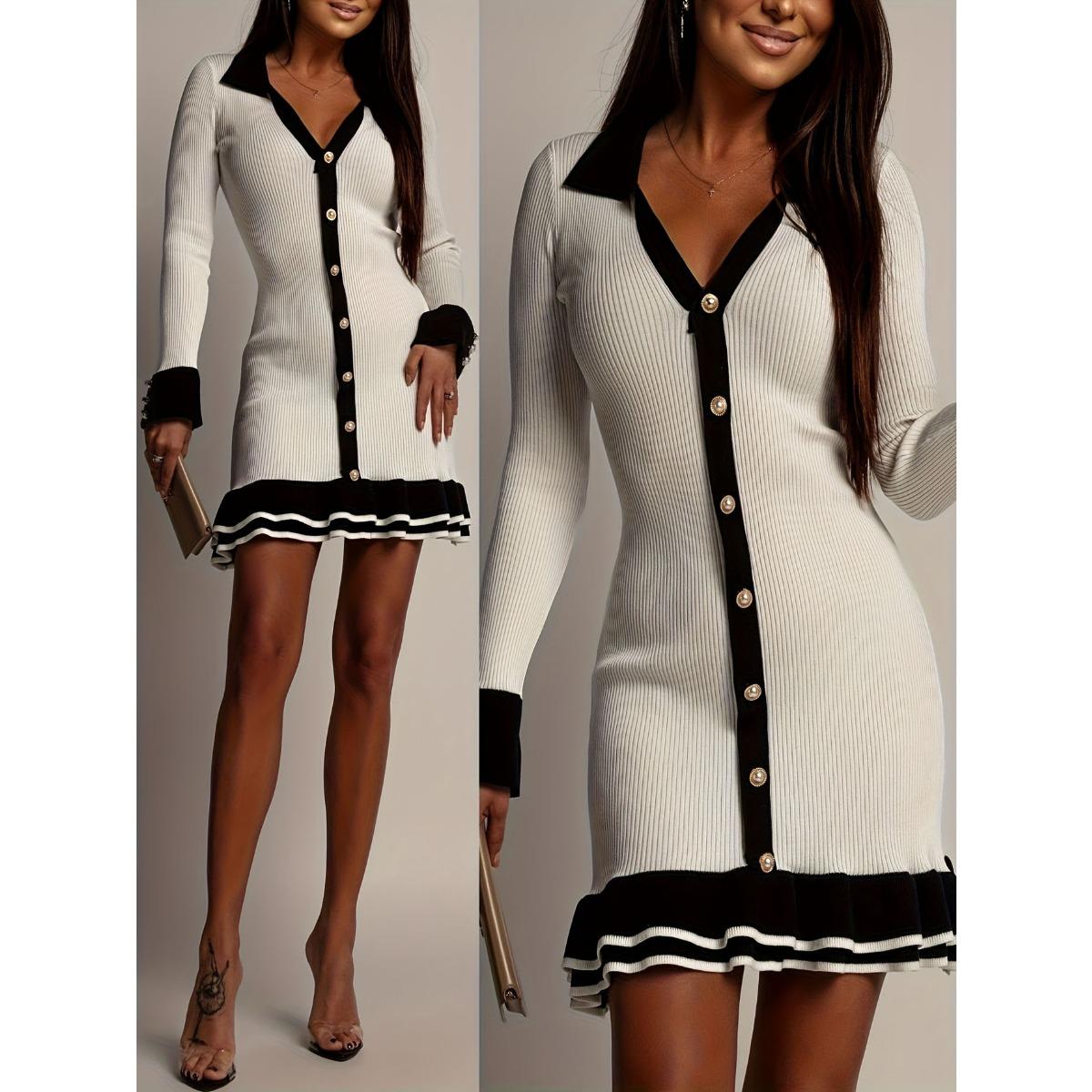 Fall Winter New Elegant High Waist Long Sleeve Ruffle Knit Dress for Women, European American Style S