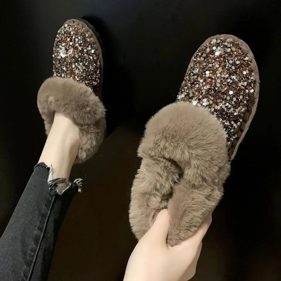 Womens Snow Boots Sexy Round Toe Shoes for Women Rhinestone Elegant with Low Heels Plus Warm Y2k Anti Skid On Promotion Gyaru Pu