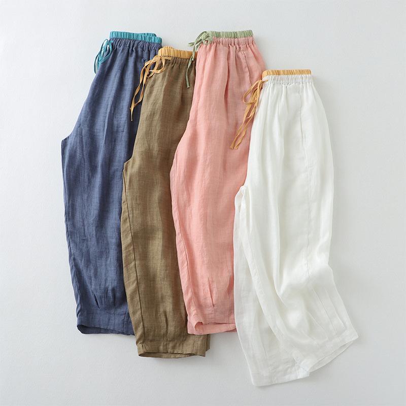 Summer Elastic Waist Stitching Lace-up Fine Cotton and Linen Loose and Comfortable Nine-point Pants Harem Pants Casual Women's Pants