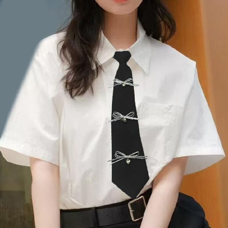 Youthful Bowknot Embellished Campus Tie Aesthetic School Girls Uniform Pre Tied Necktie Adjustable Tie Shirt Accessory